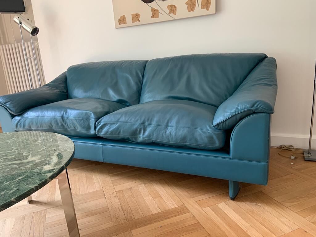 Oil blue leather sofa Poltrona Frau Italy 1980s