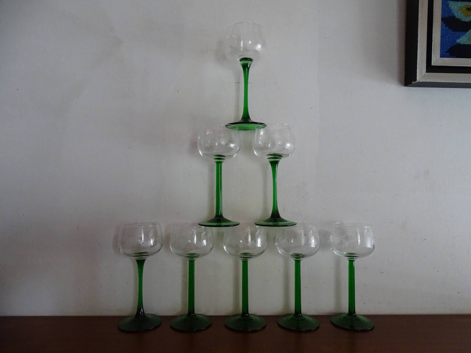 8 verres vin blanc d'Alsace gravés grappes de raisins Luminarc France