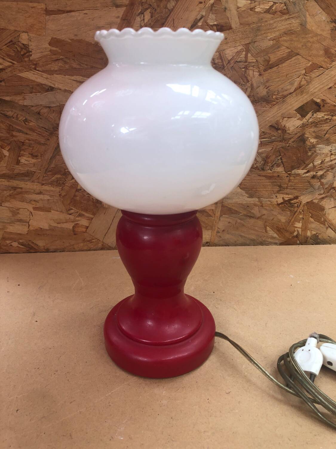 Pair of Old Red & White Opaline Bedside Lamps 1970s Vintage #A982