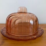 Cheese bell and vintage plate in art deco pink molded glass