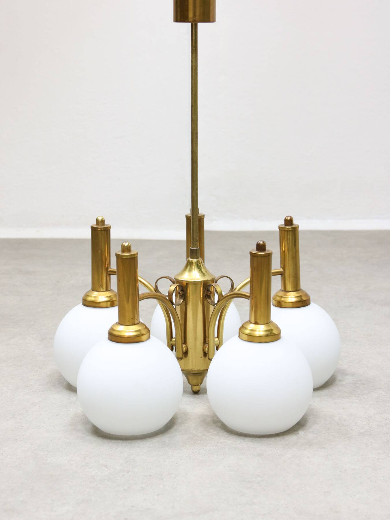 Mid-century Italian Brass and Opaline Chandelier