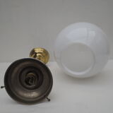 Old hanging lamp, brass stem and white opaline globe