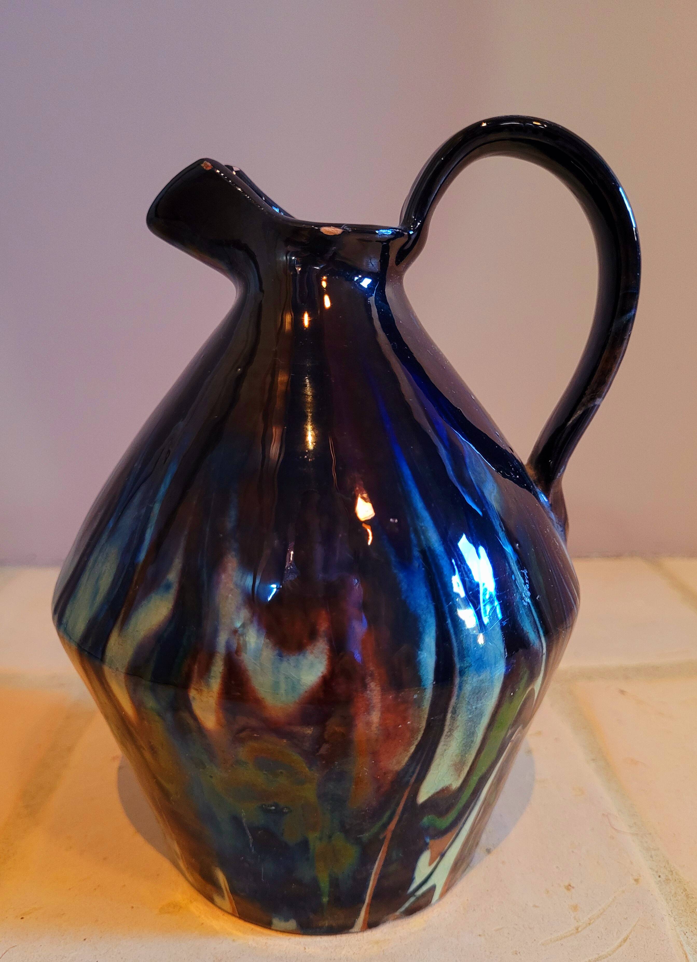 Antique pitcher carafe in midnight blue marbled ceramic