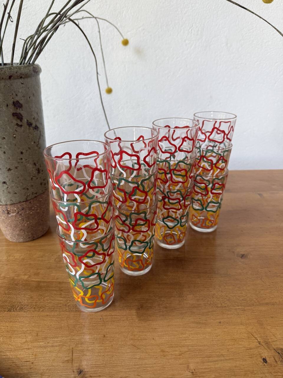 Set of 12 graphic glasses 1970