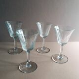 4 Antique Digestif Glasses on Foot Art Deco Pattern Cut Glass 1950s