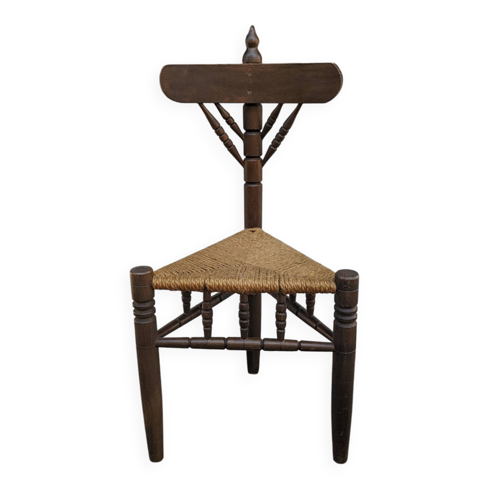 Chaise d'angle tripode XIX bois tourné jonc hollande