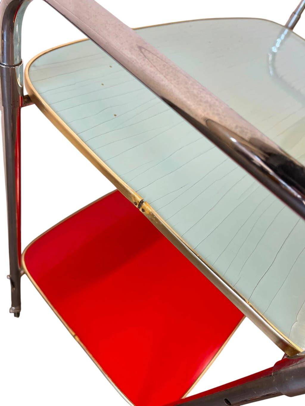 Vintage red mint and blue rolling table/bar cart/tea cart.