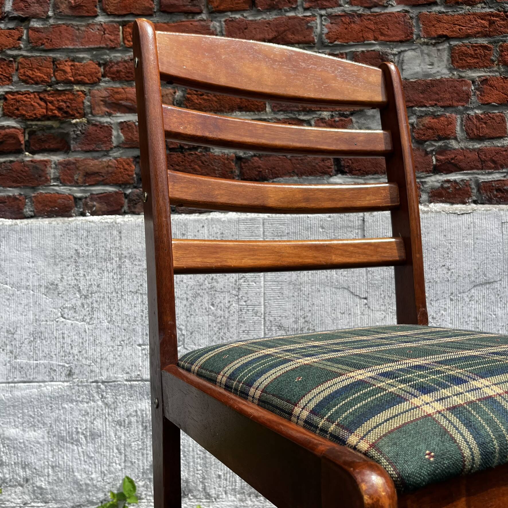 Lot of 3 vintage checkered wood and fabric chairs.