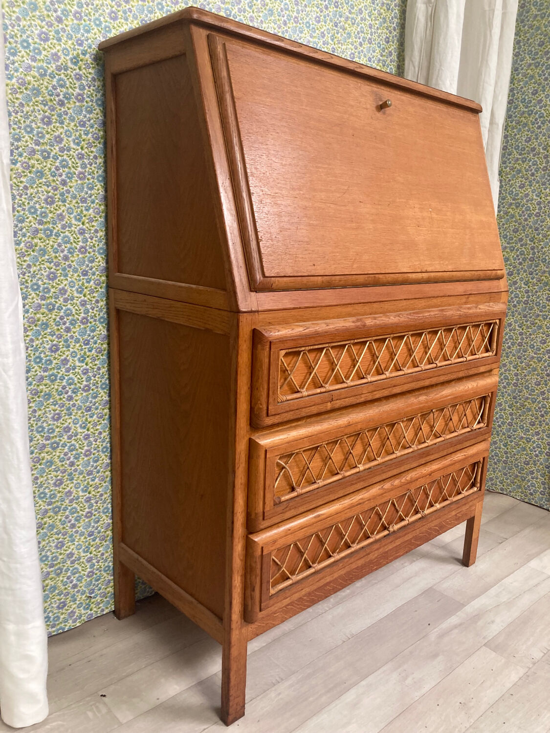 Vintage secretary in wood and rattan