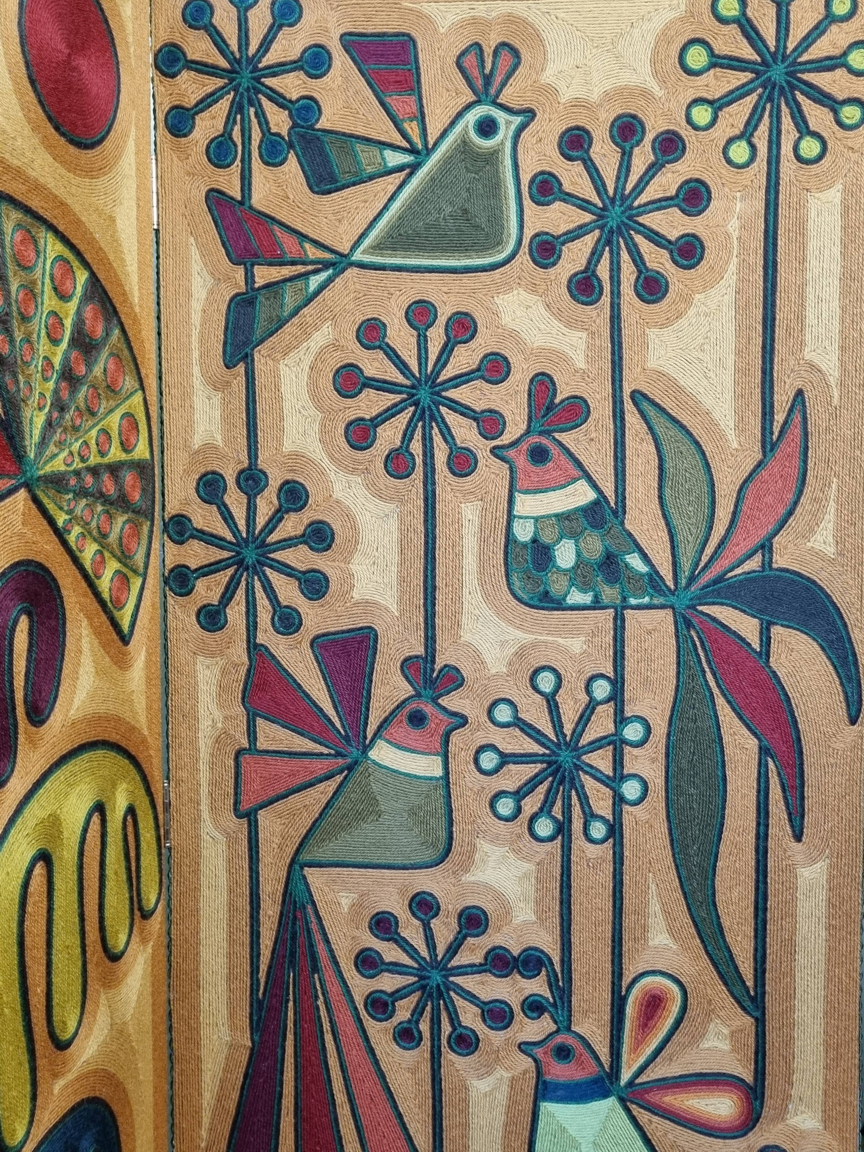 Screen decorated with wool threads, “Huichol” art, Sofia Ribeira, 124 cm