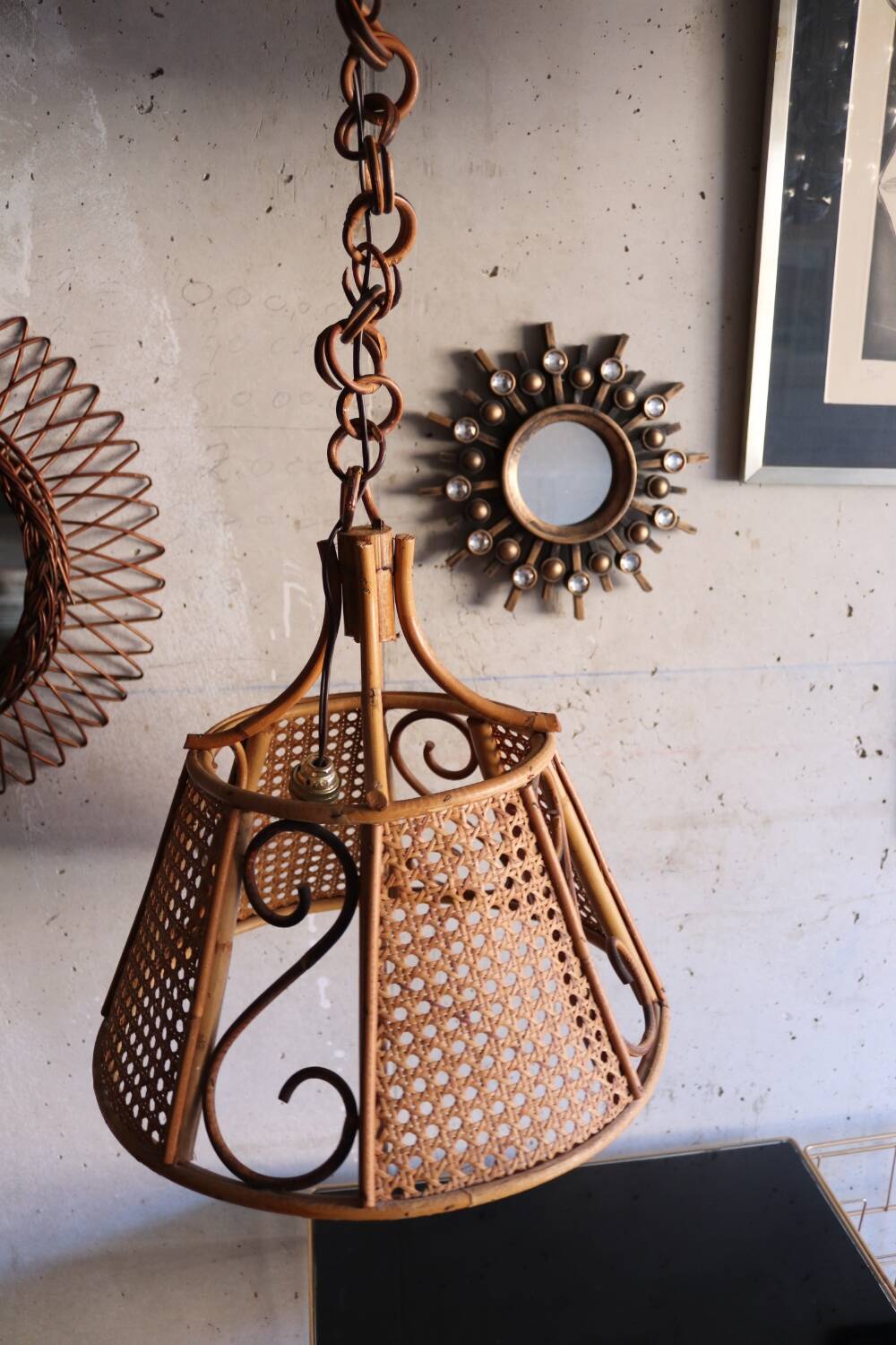 Lustre en rotin et cannage vintage
