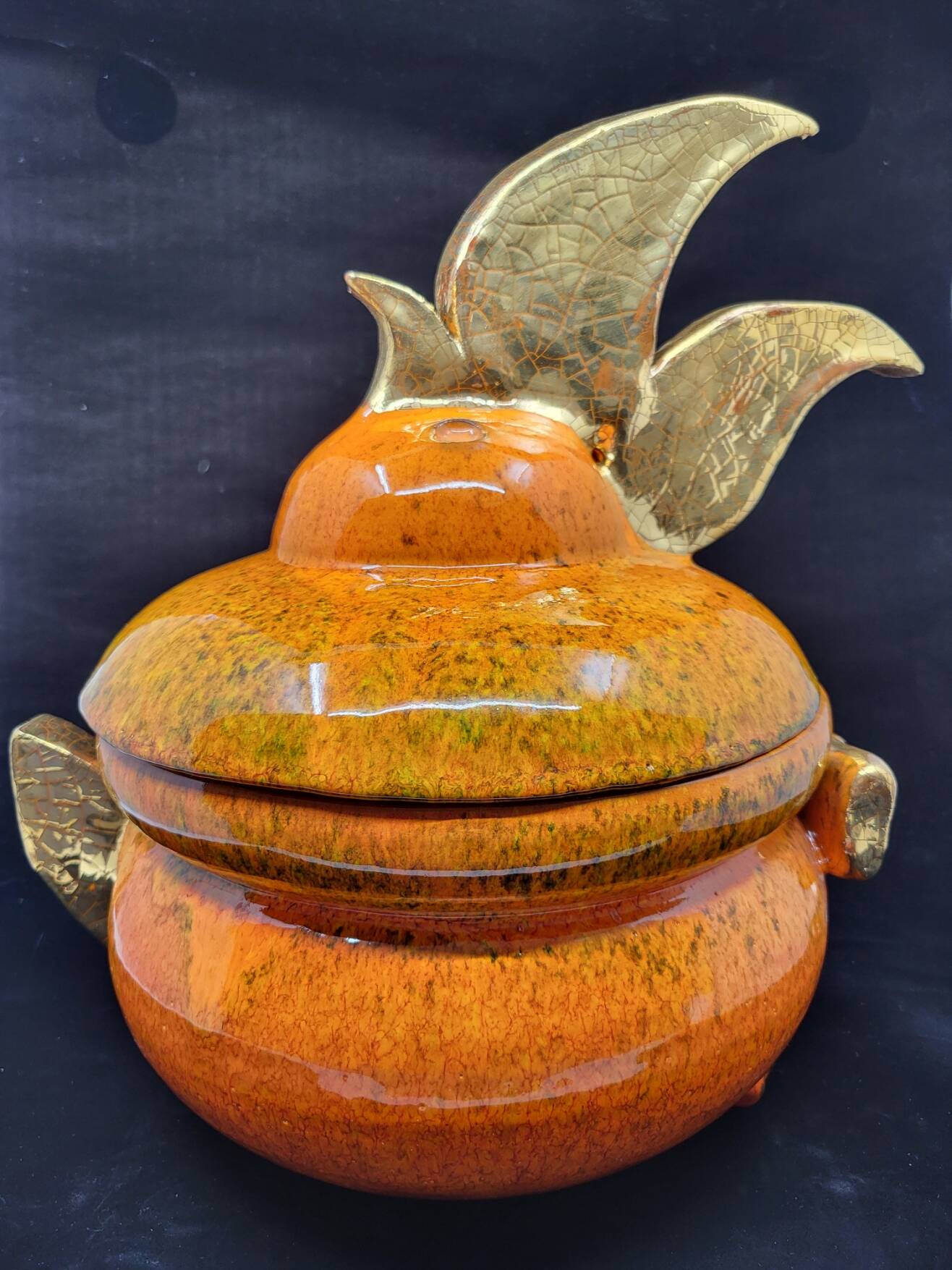 Gérard Crociani soup tureen in orange zoomorphic ceramic French gilded with fine gold Vallauris