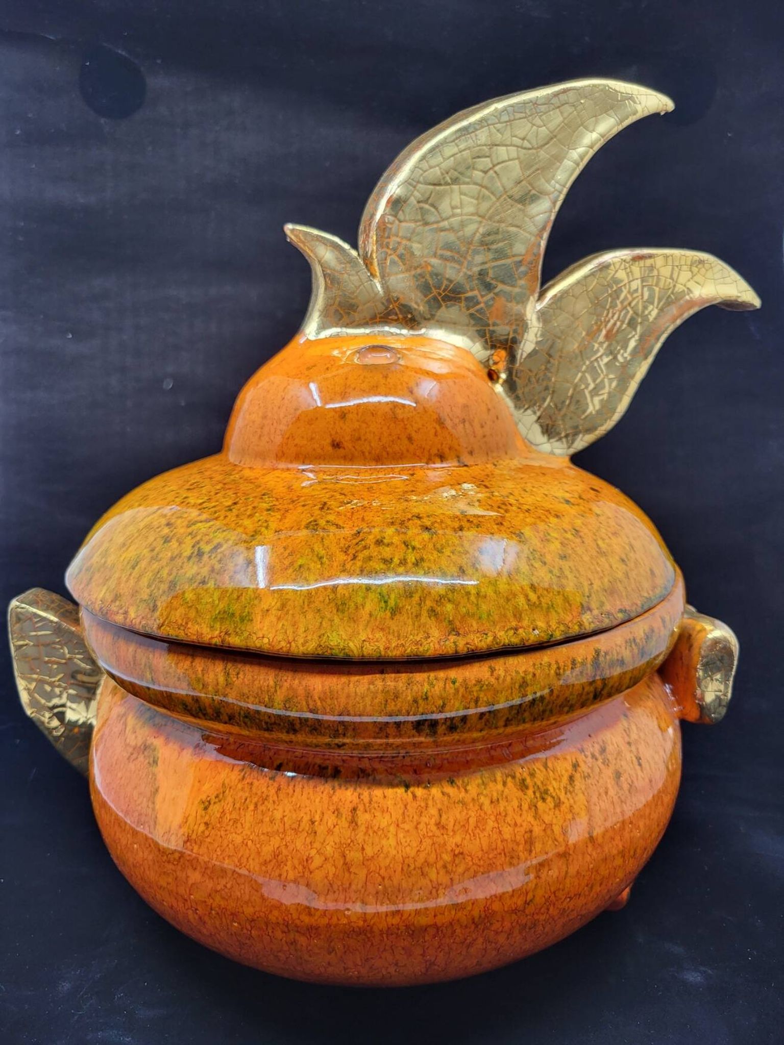 Gérard Crociani soup tureen in orange zoomorphic ceramic French gilded with fine gold Vallauris