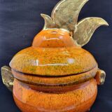 Gérard Crociani soup tureen in orange zoomorphic ceramic French gilded with fine gold Vallauris