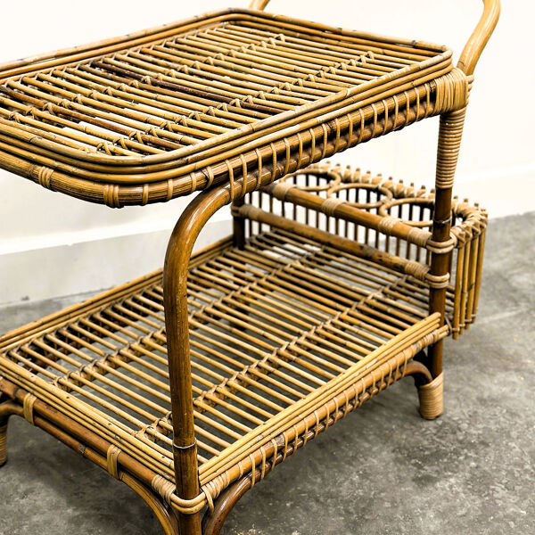 Chariot de bar vintage italien en rotin avec porte-bouteilles, années 1970