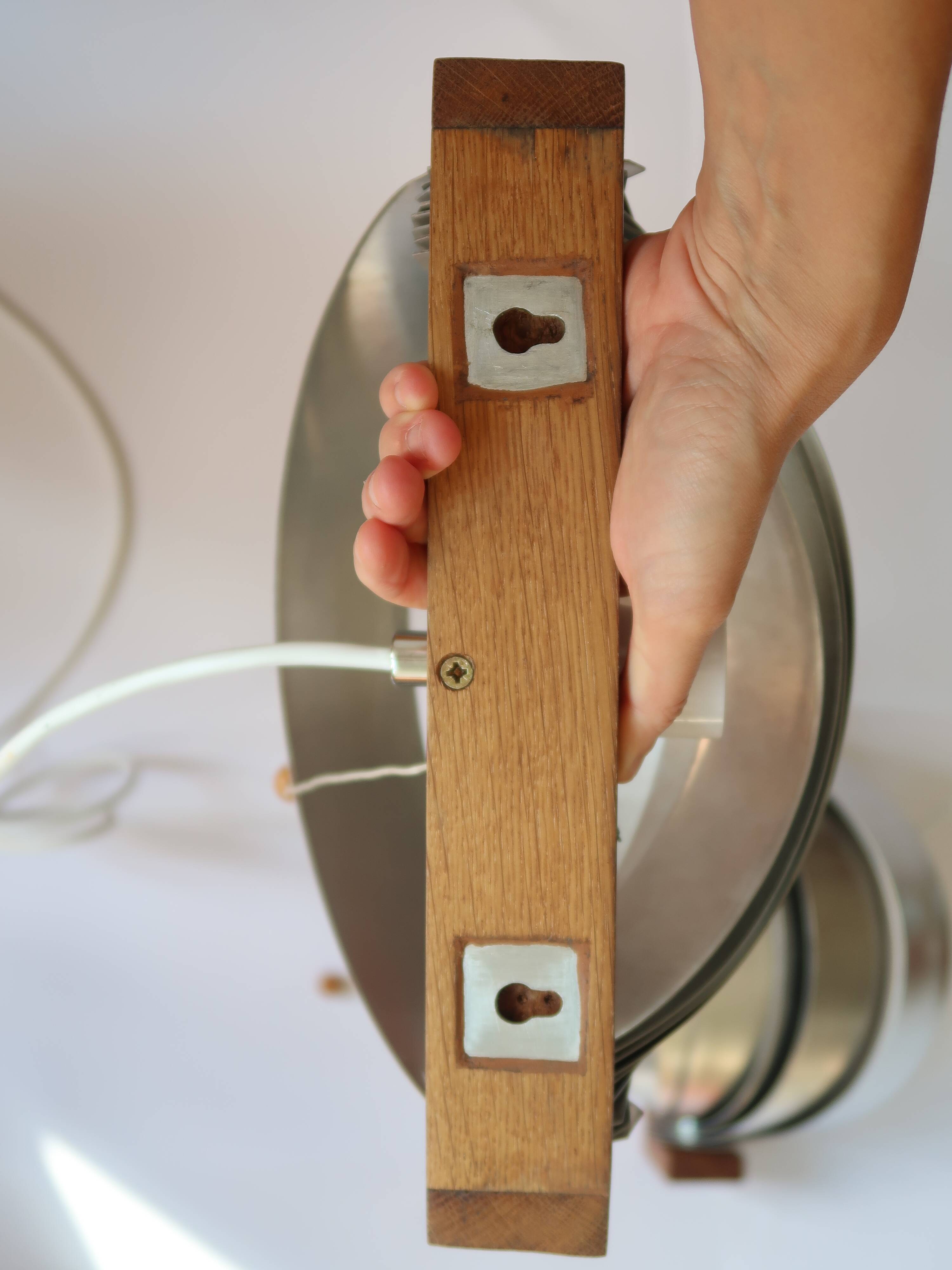 Pair of vintage 70s chrome and wood slatted wall lights