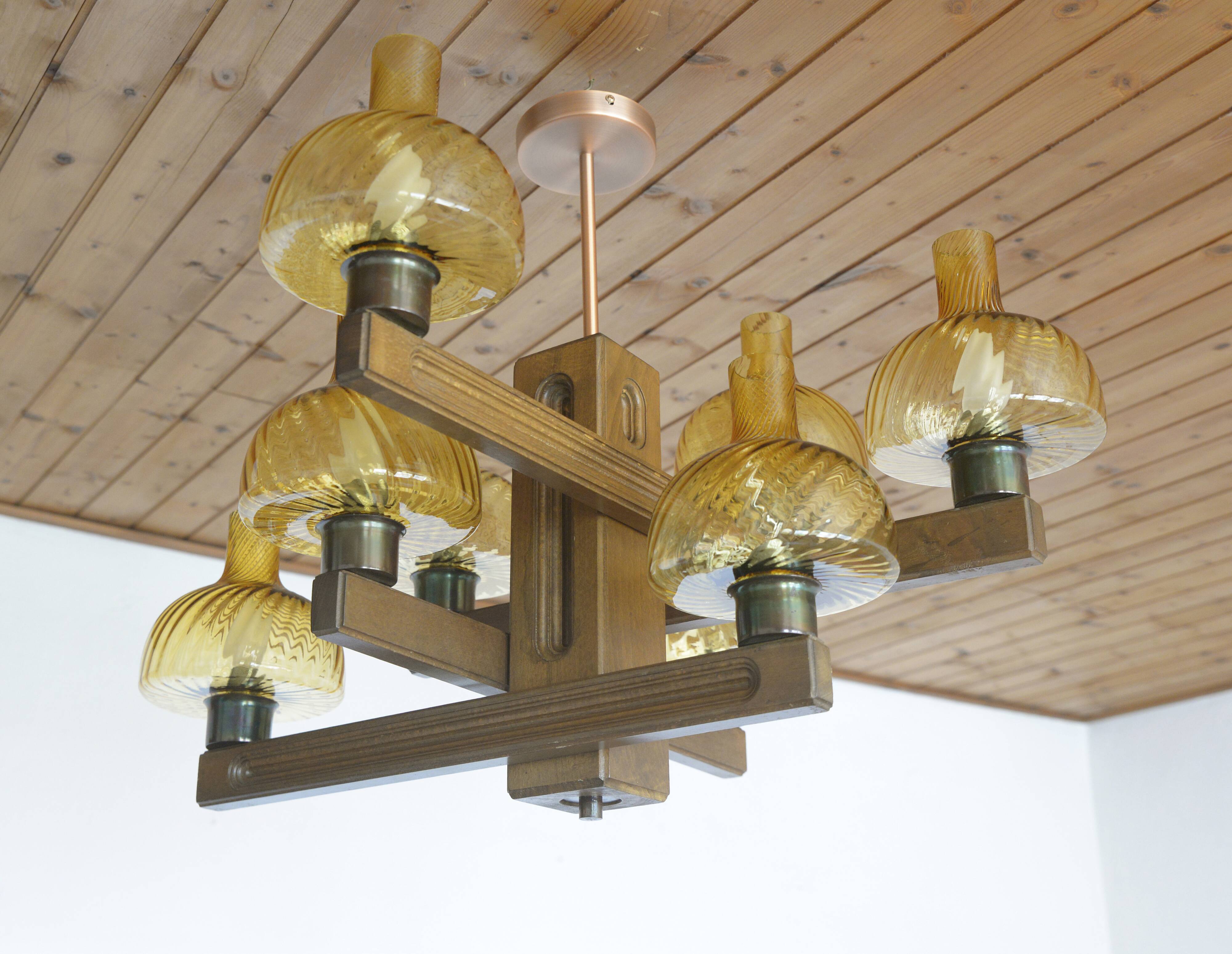 Large Vintage Rustic Wooden Chandelier Amber Glass shades Carved Wood 1980