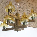 Large Vintage Rustic Wooden Chandelier Amber Glass shades Carved Wood 1980