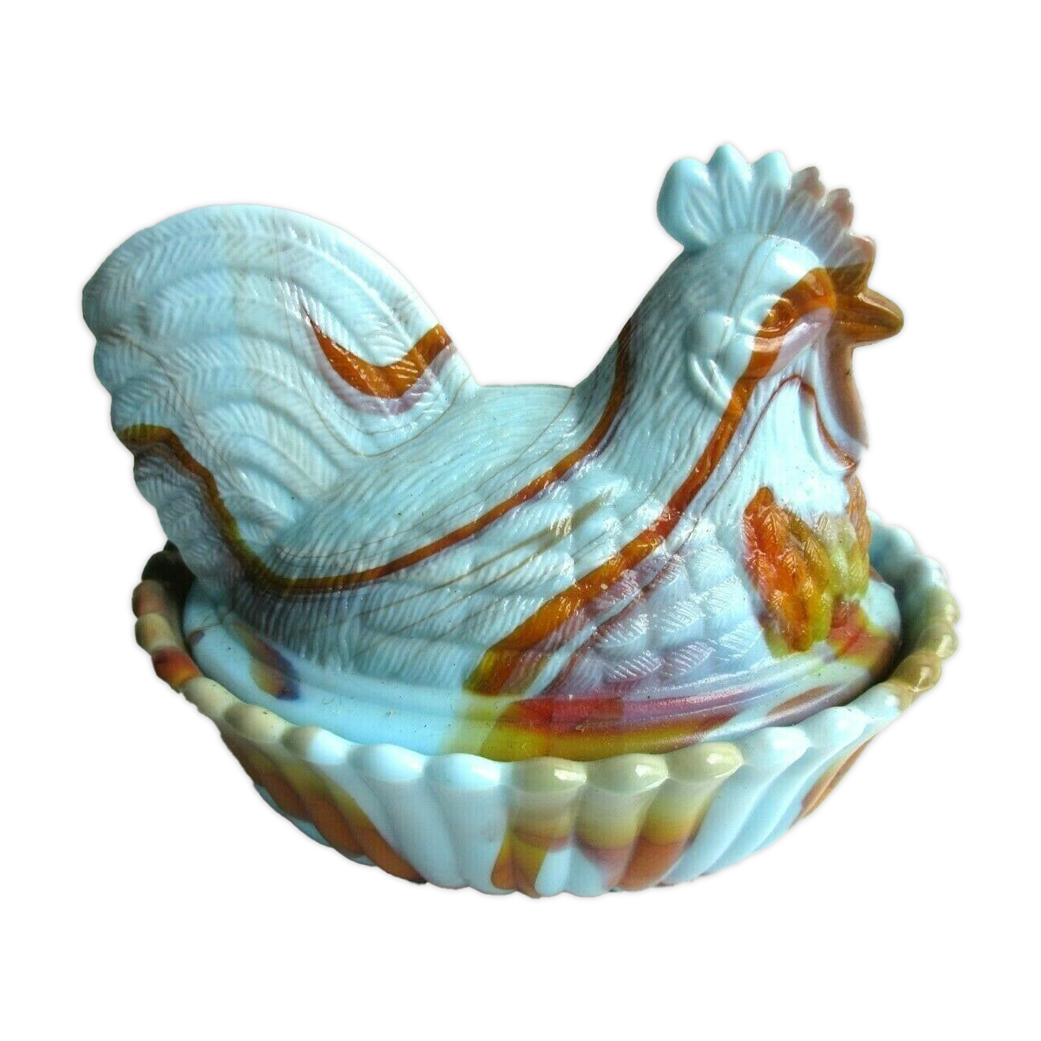 Sweet sugar candy Vallérysthal, blue opaline marbled with brown: Hen on nest
