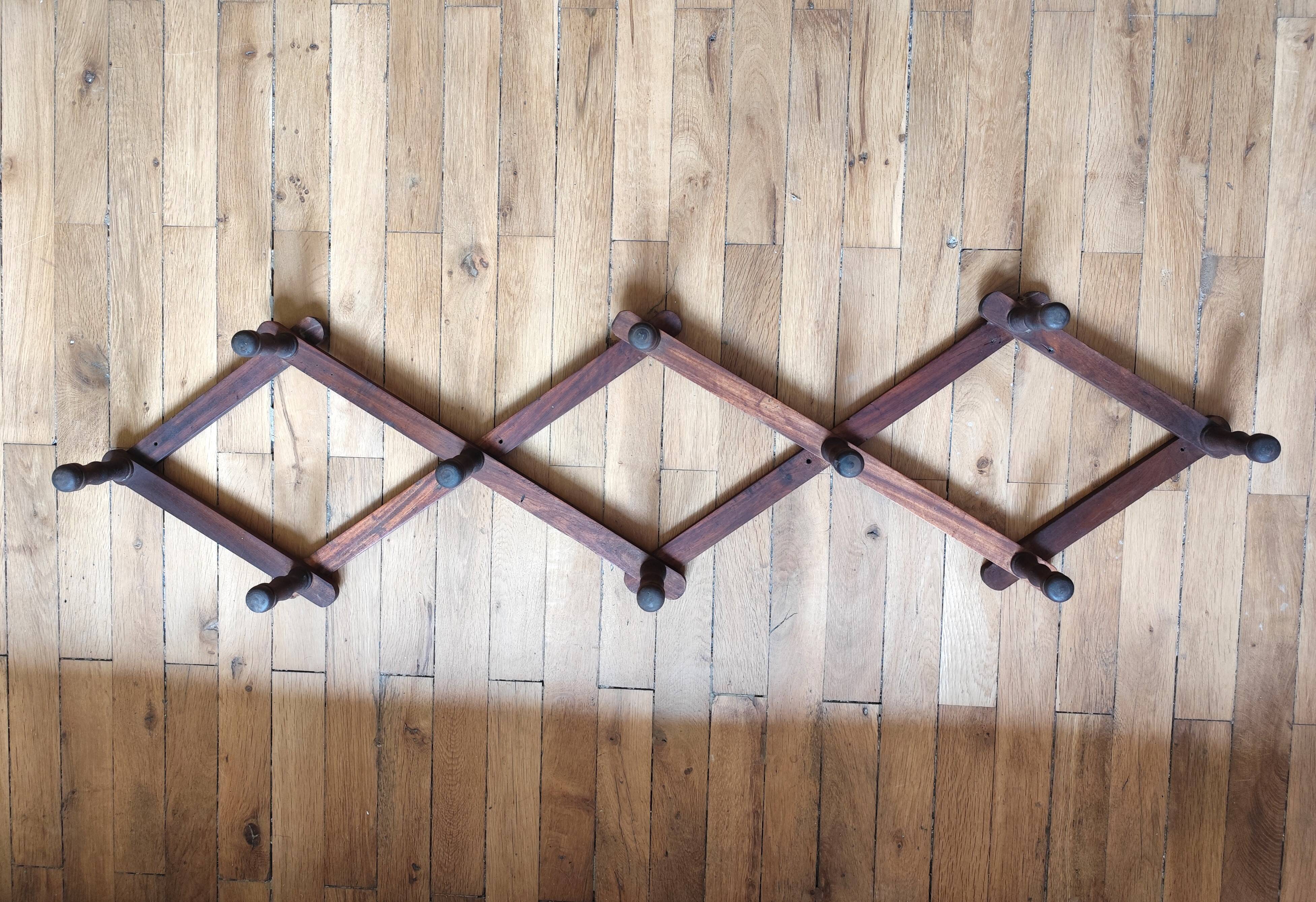 Old telescopic wooden wall coat rack - 10 accordion hook coat rack