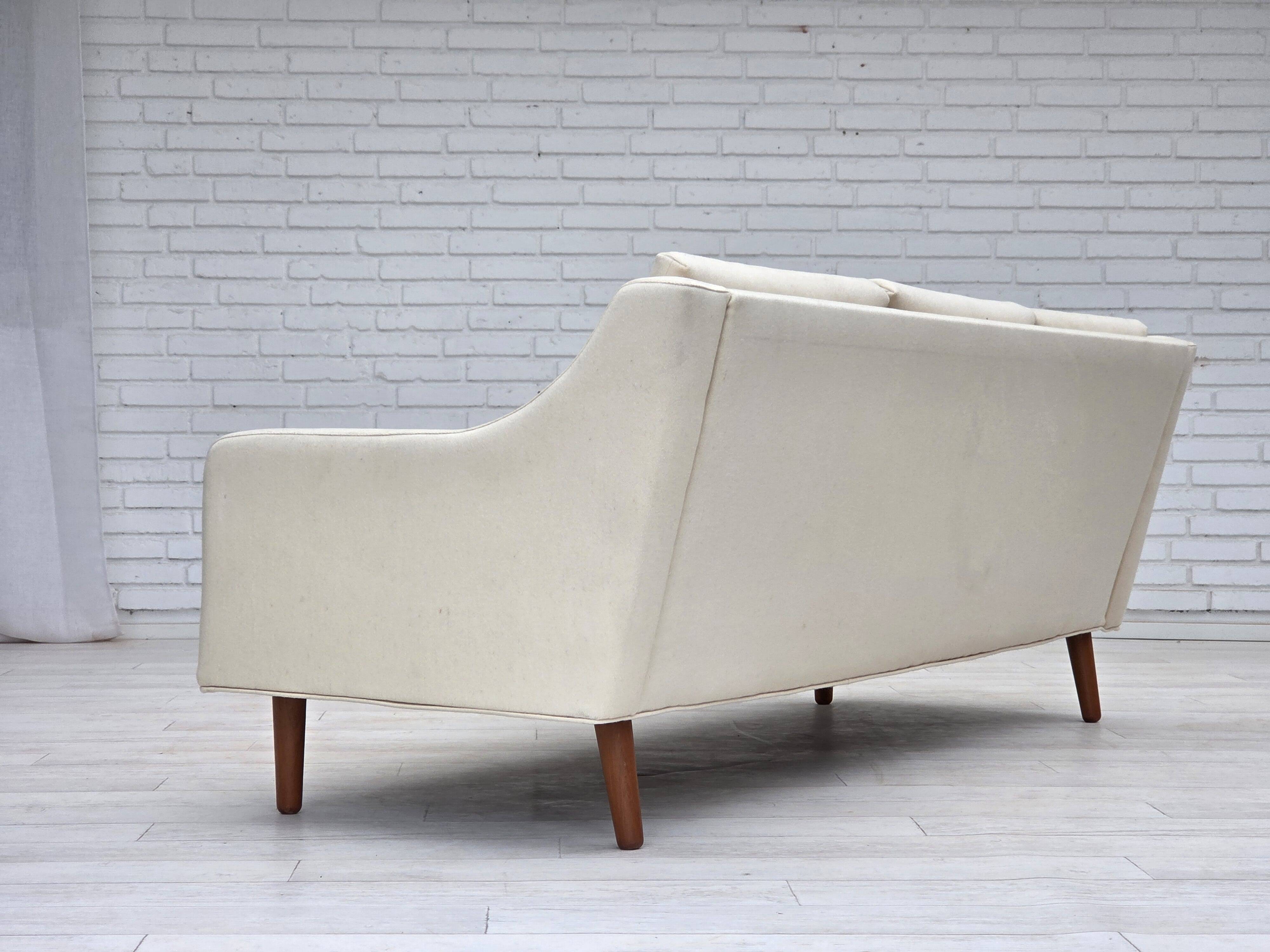 1970s, 3-seater Danish sofa, beige/white furniture wool, teak wood legs.