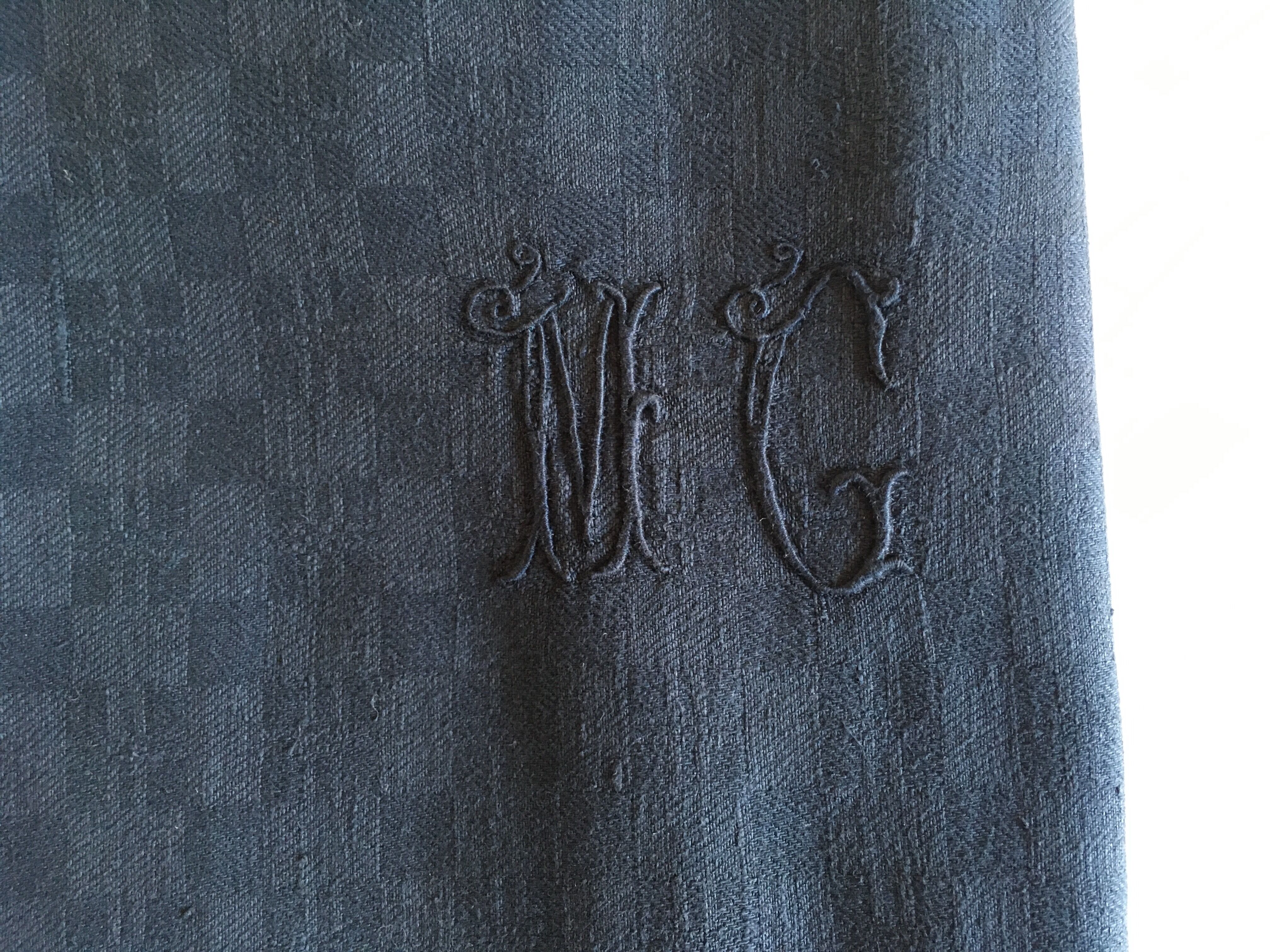 Set of 4 old black damask towels embroidered monogram MC, circa 1920