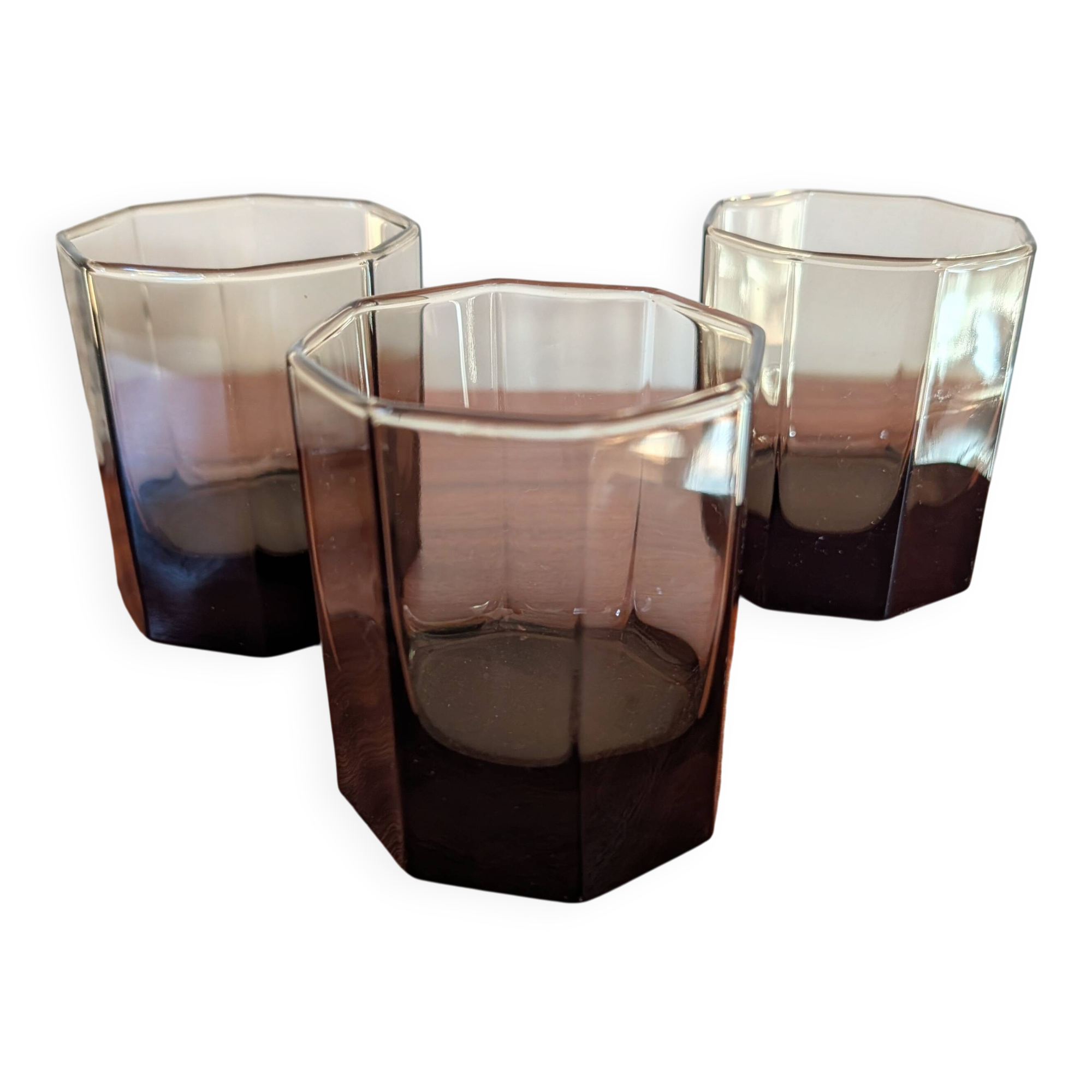Set of three hexagonal smoked glass glasses – 1970s
