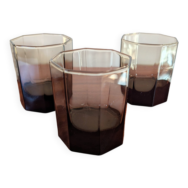 Trio de verres hexagonaux en verre fumé – années 70