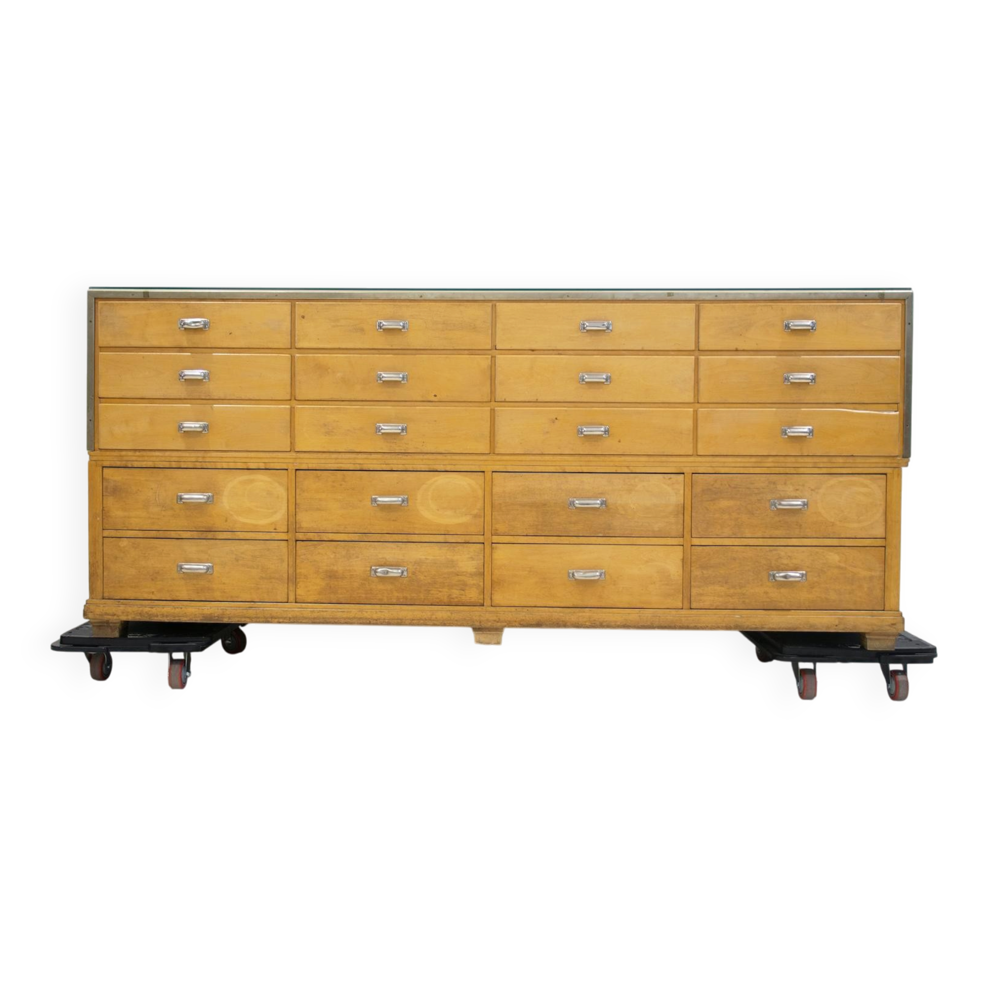 Shop counter made of birch and oak with twenty drawers, 1940s.