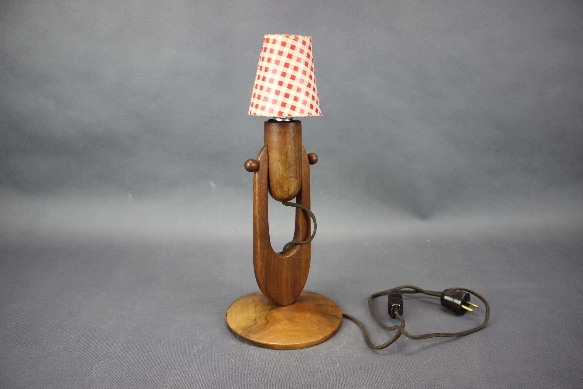Mid-century adjustable wooden table lamp with checked shade, Czechoslovakia