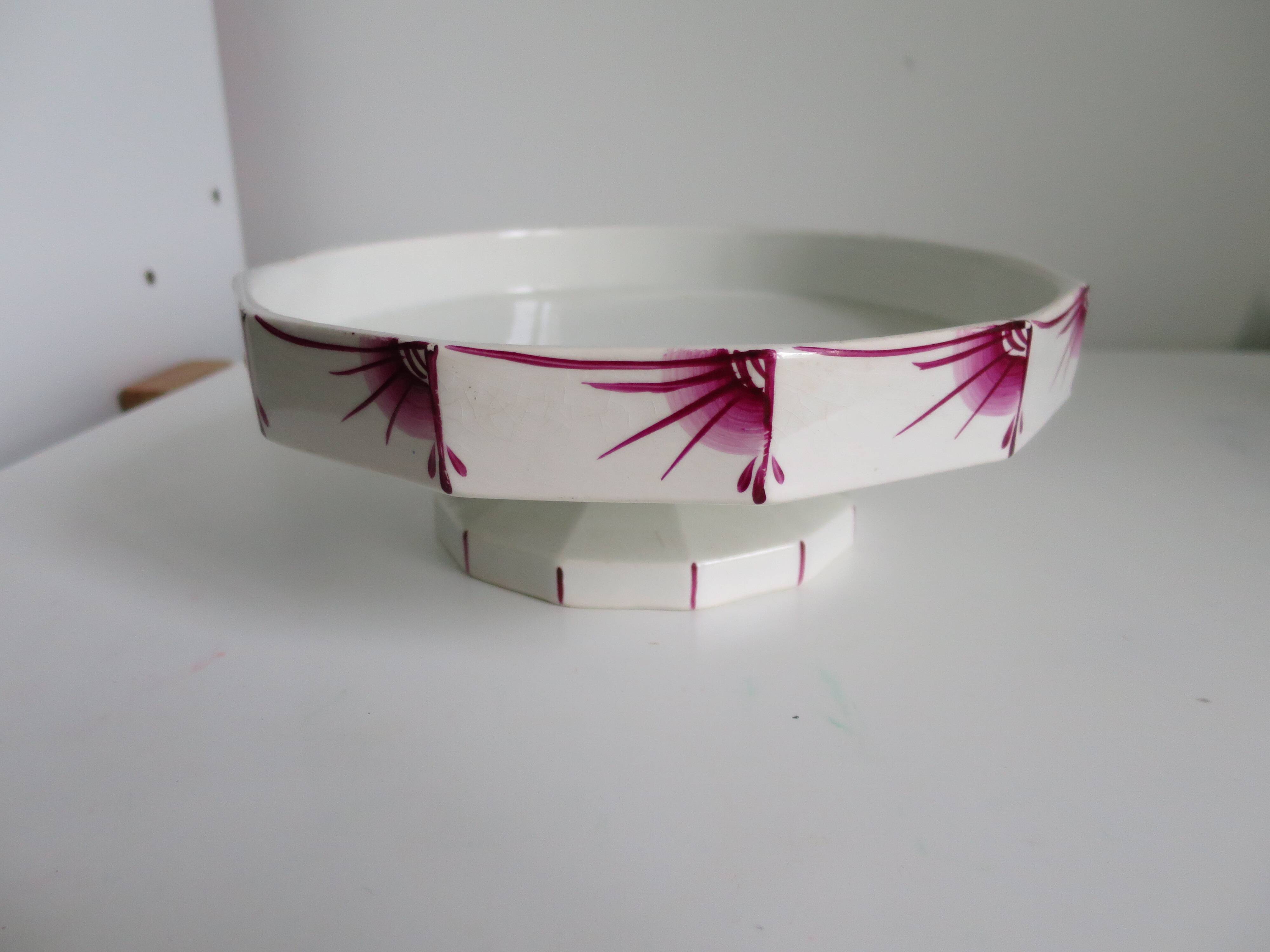 Compotier–Vintage serving plate-Cake dish–Dark pink red art deco patterns - octagonal shape