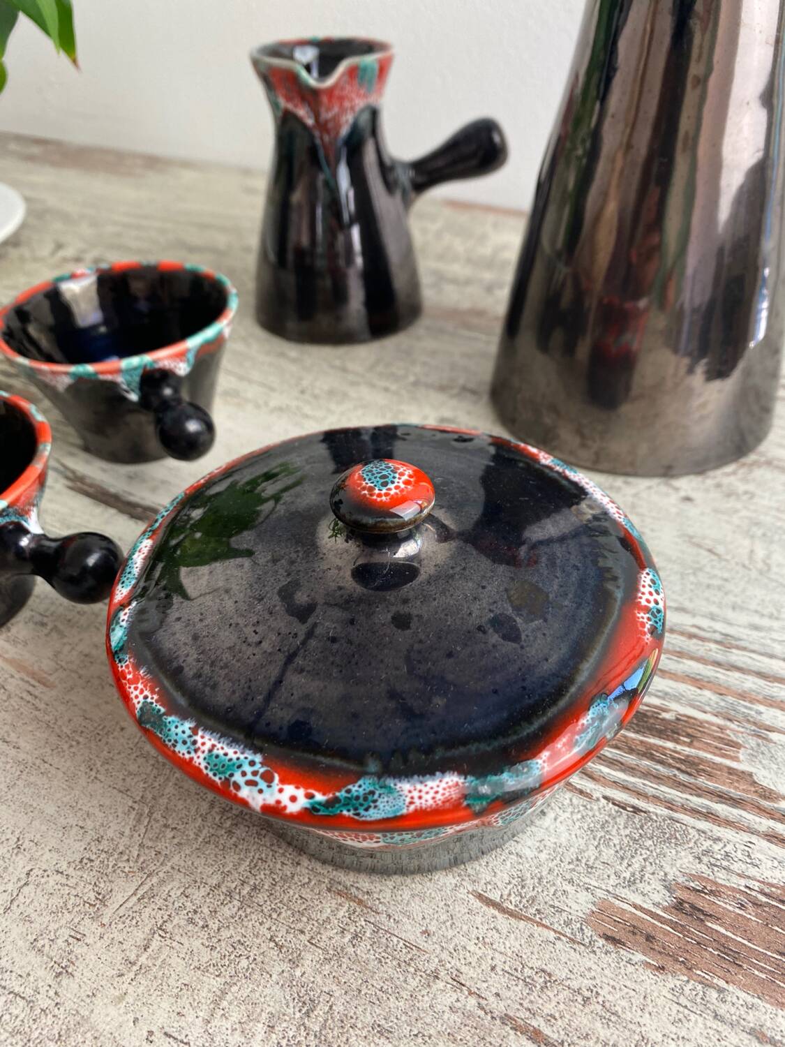 Vallauris ceramic pitcher, sugar bowl and cup set