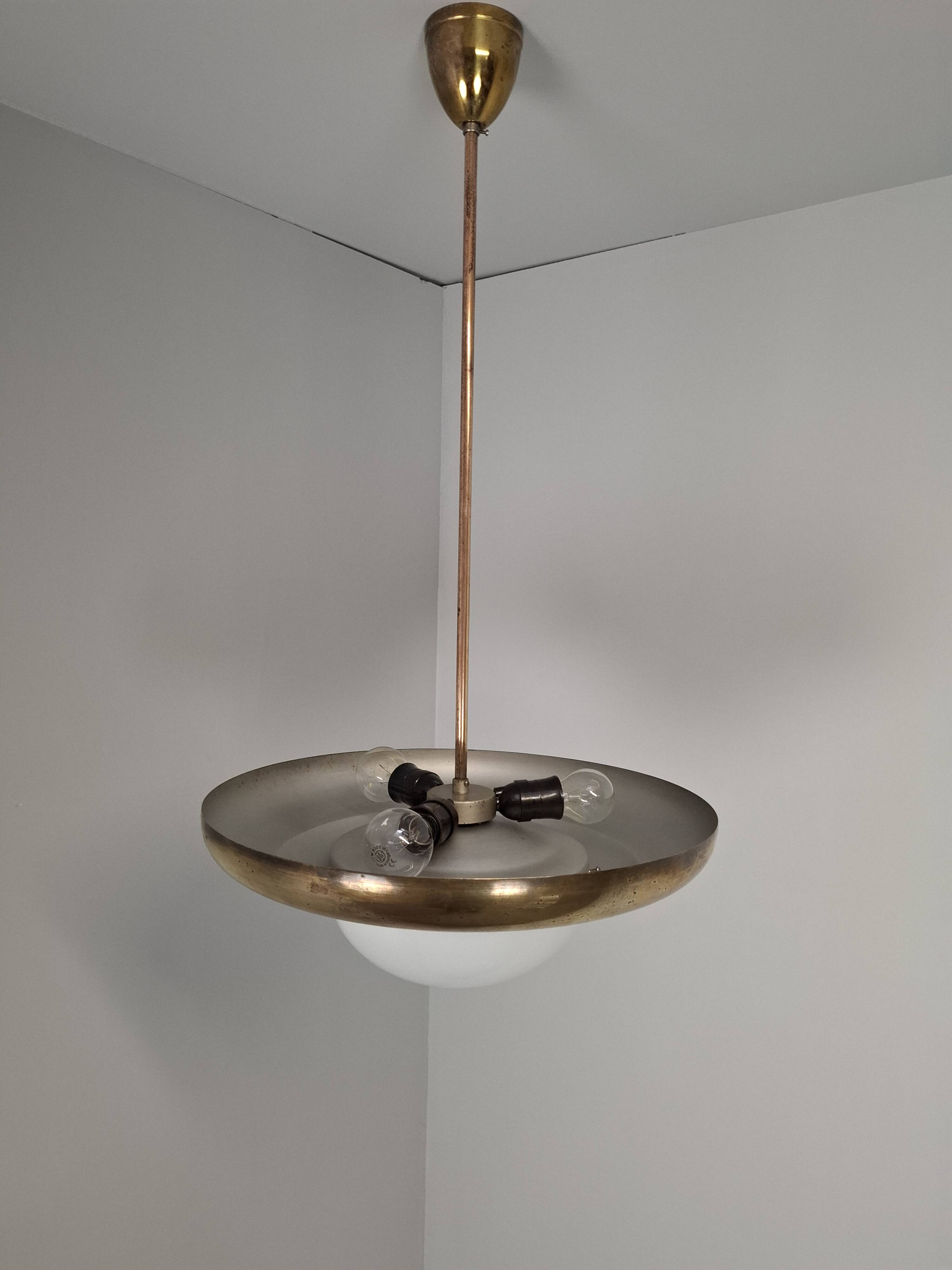 1920 Czechoslovak Art Deco Brass and Opaline Glass Pendant Lamp, Napako 134