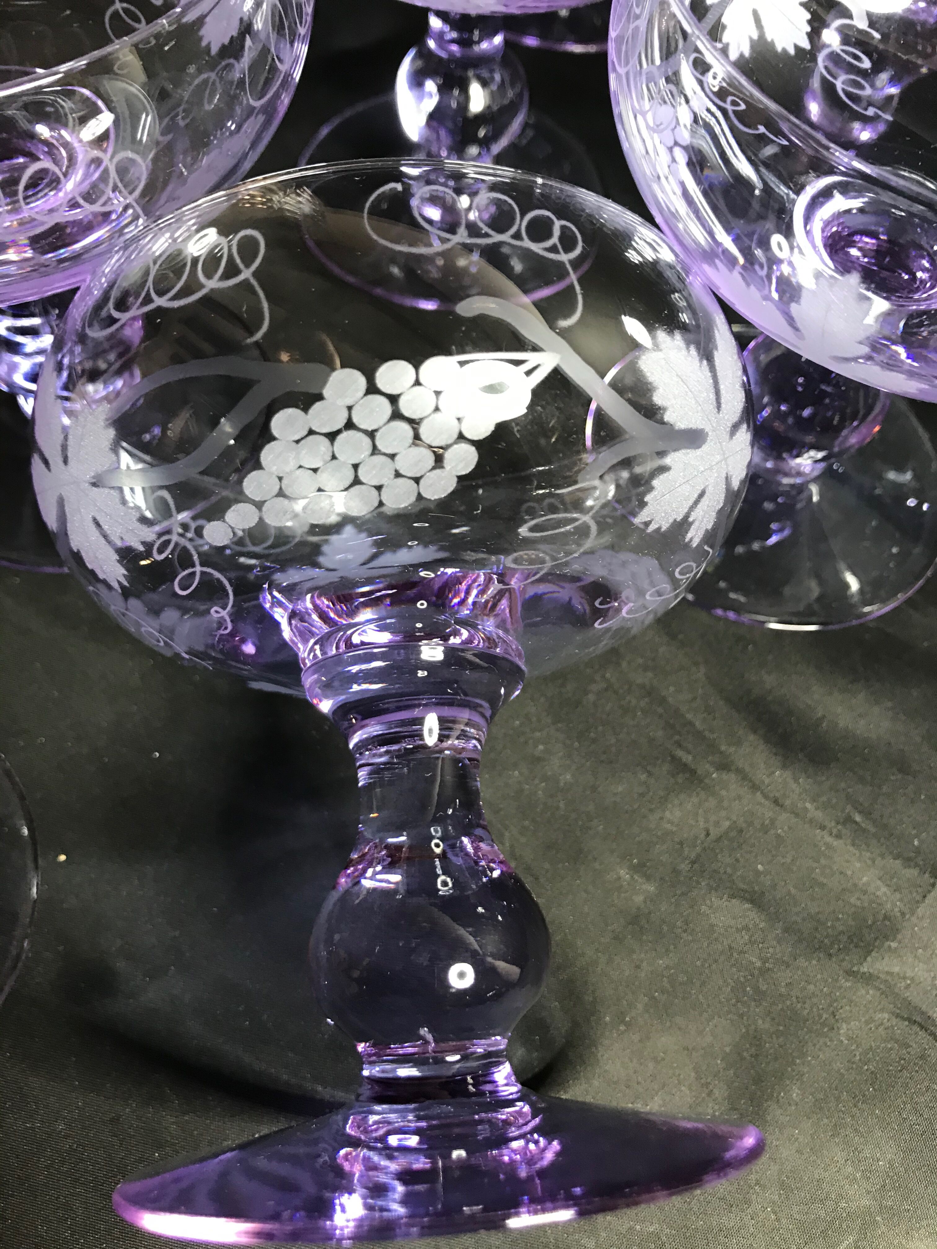 8 colorful crystal champagne cups engraved mid 20th