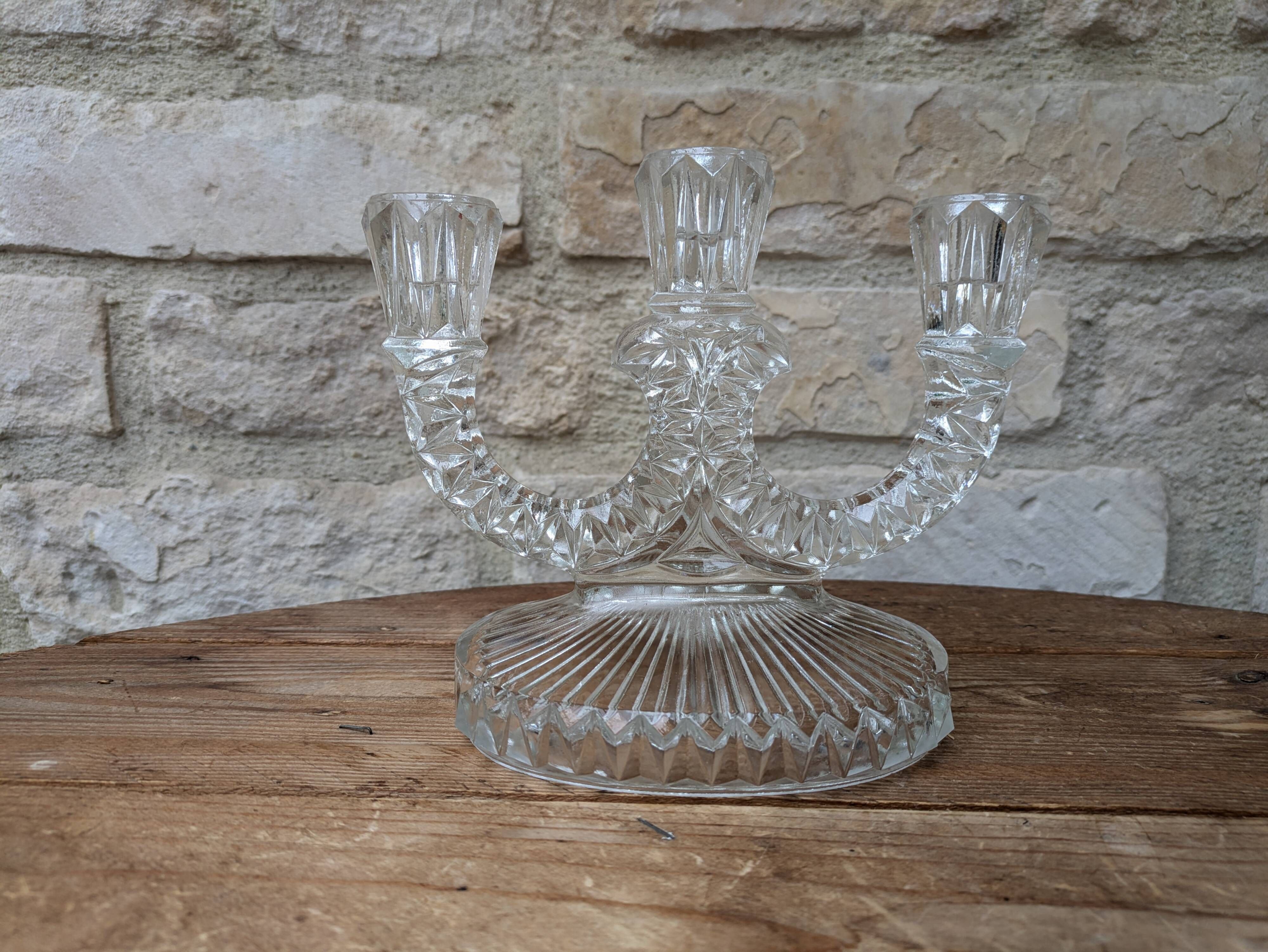 Antique molded glass candle holder for 3 taper candles