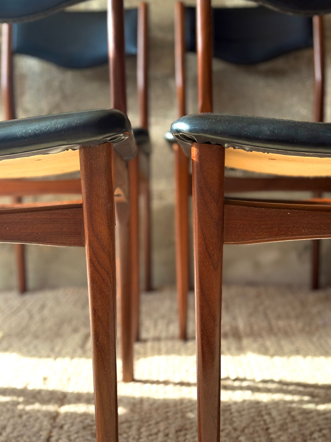 Scandinavian teak chairs, black faux leather (x6)