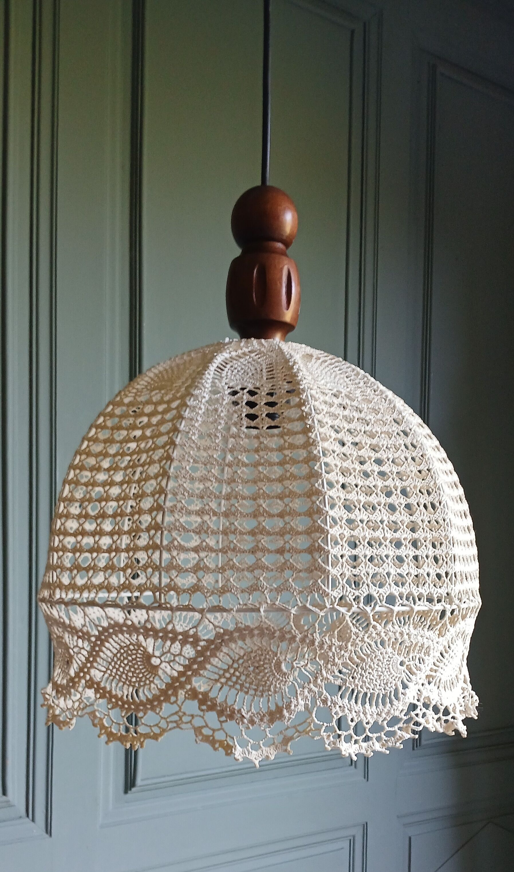 Suspension lampshade with hook and solid wood, Germany circa 1970.