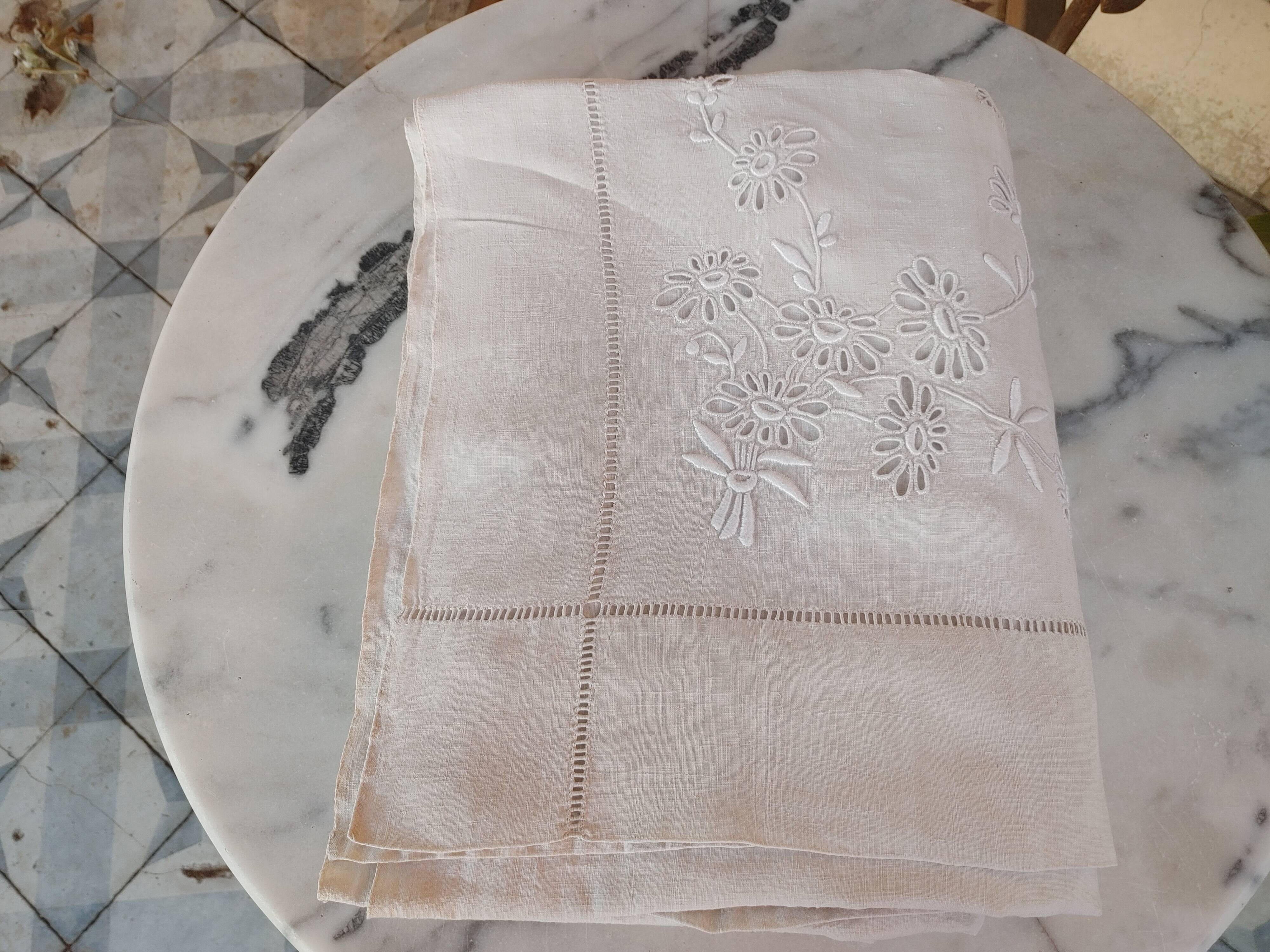 old sheet flowers embroidered hand linen canvas ecru large returns 220 x 285 cm