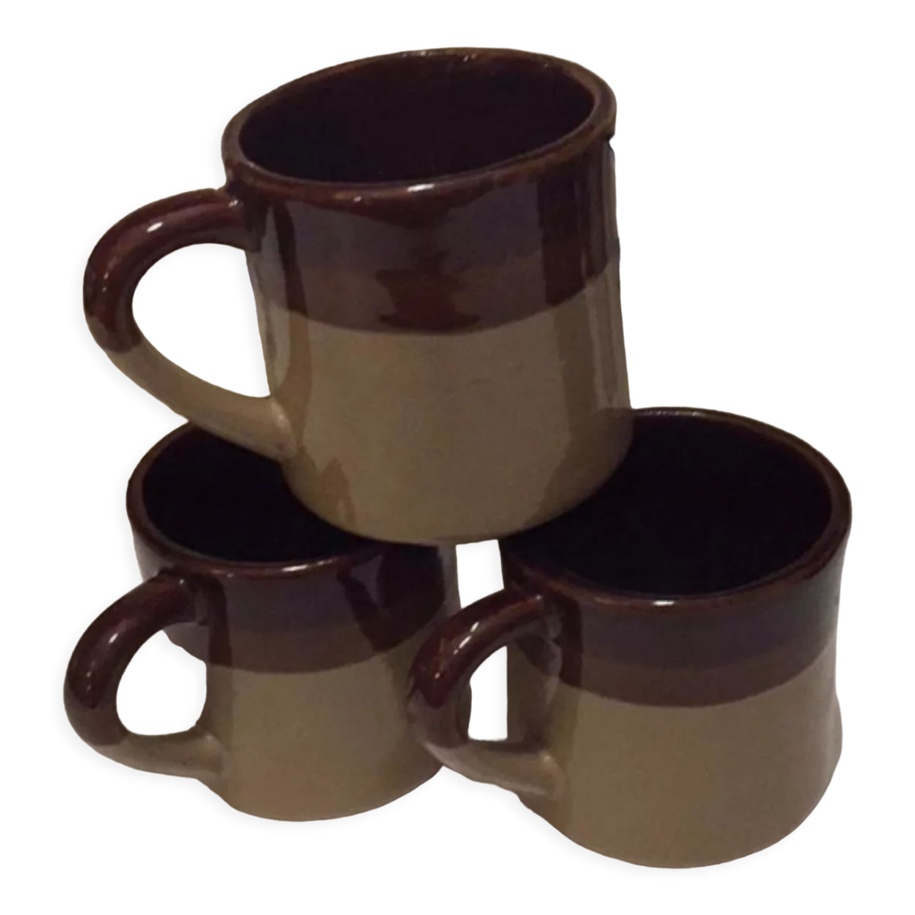 Lot De 3 Tasses En Grès Vintage - Style Asiatique - Marron - Diamètre 8cm