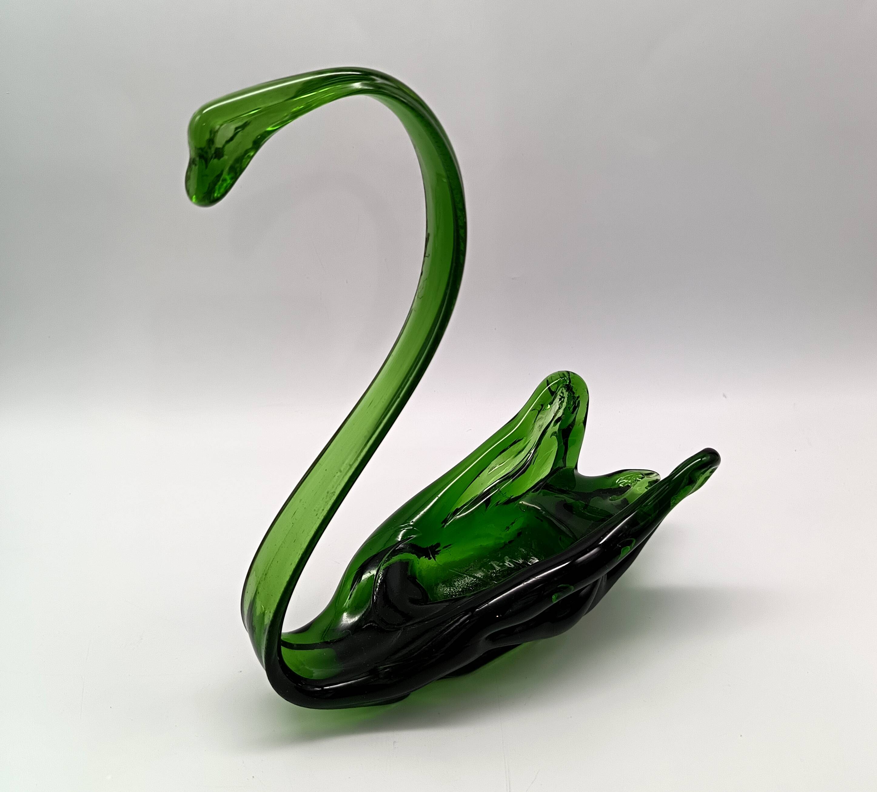 2 vintage glass SWANS, handcrafted, bottle green, early 20th century