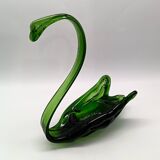 2 vintage glass SWANS, handcrafted, bottle green, early 20th century