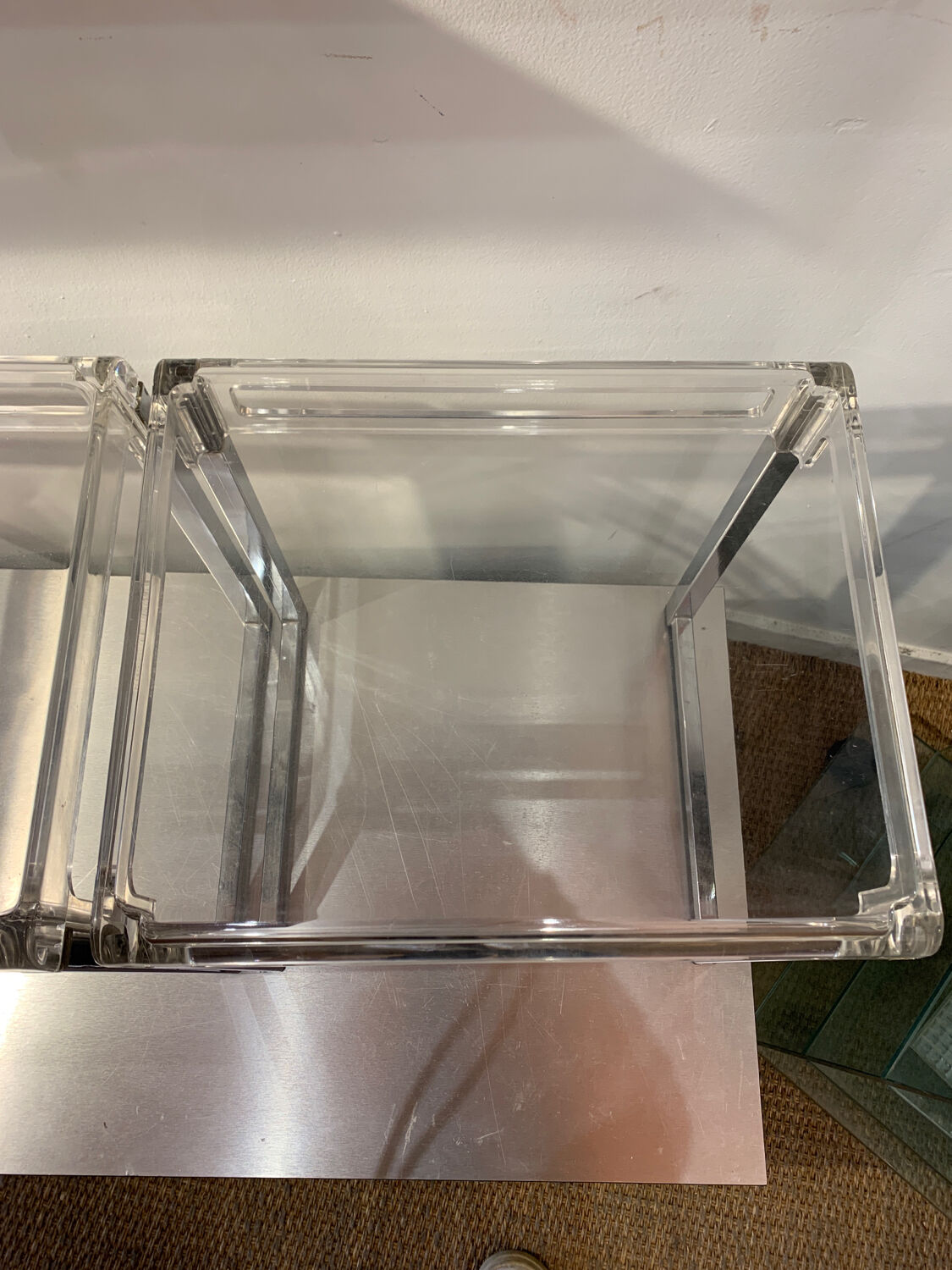 Pair of vintage chrome and acrylic glass bedside tables