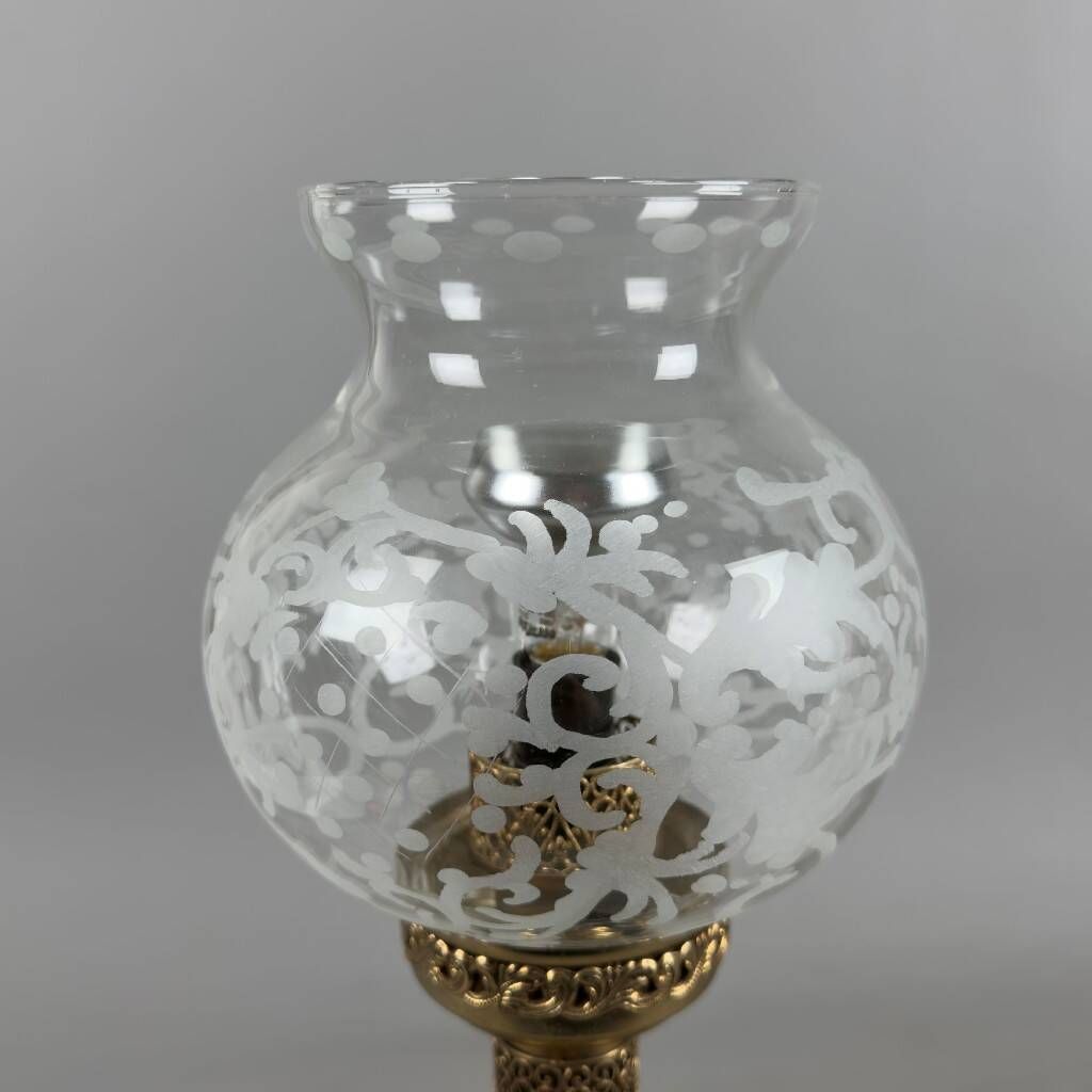 Antique French porcelain table lamp, brass and satin glass, 20th century.
