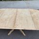 Large round extendable dining table renovated in raw pine with 2 extensions, 1980.