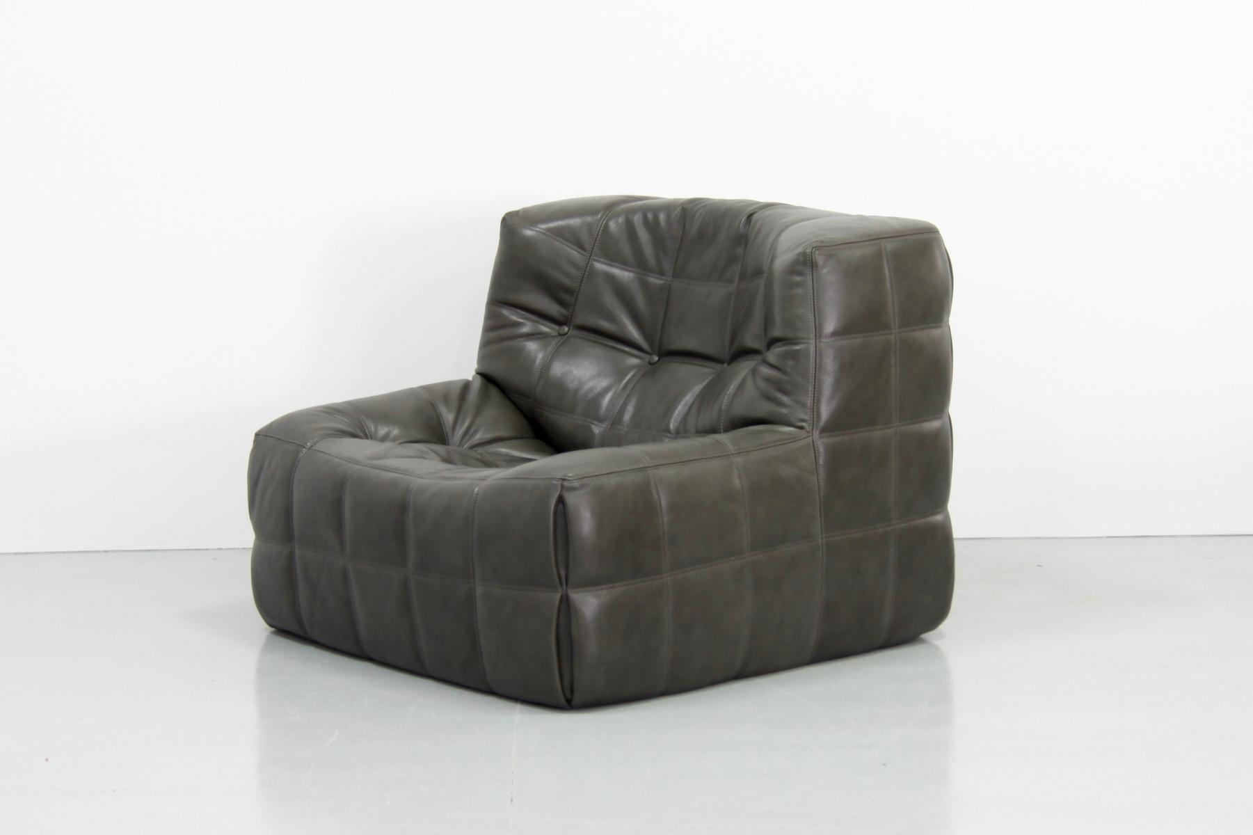 Living room sets vintage dark olive leather kashima by Michel Ducaroy for Ligne Roset