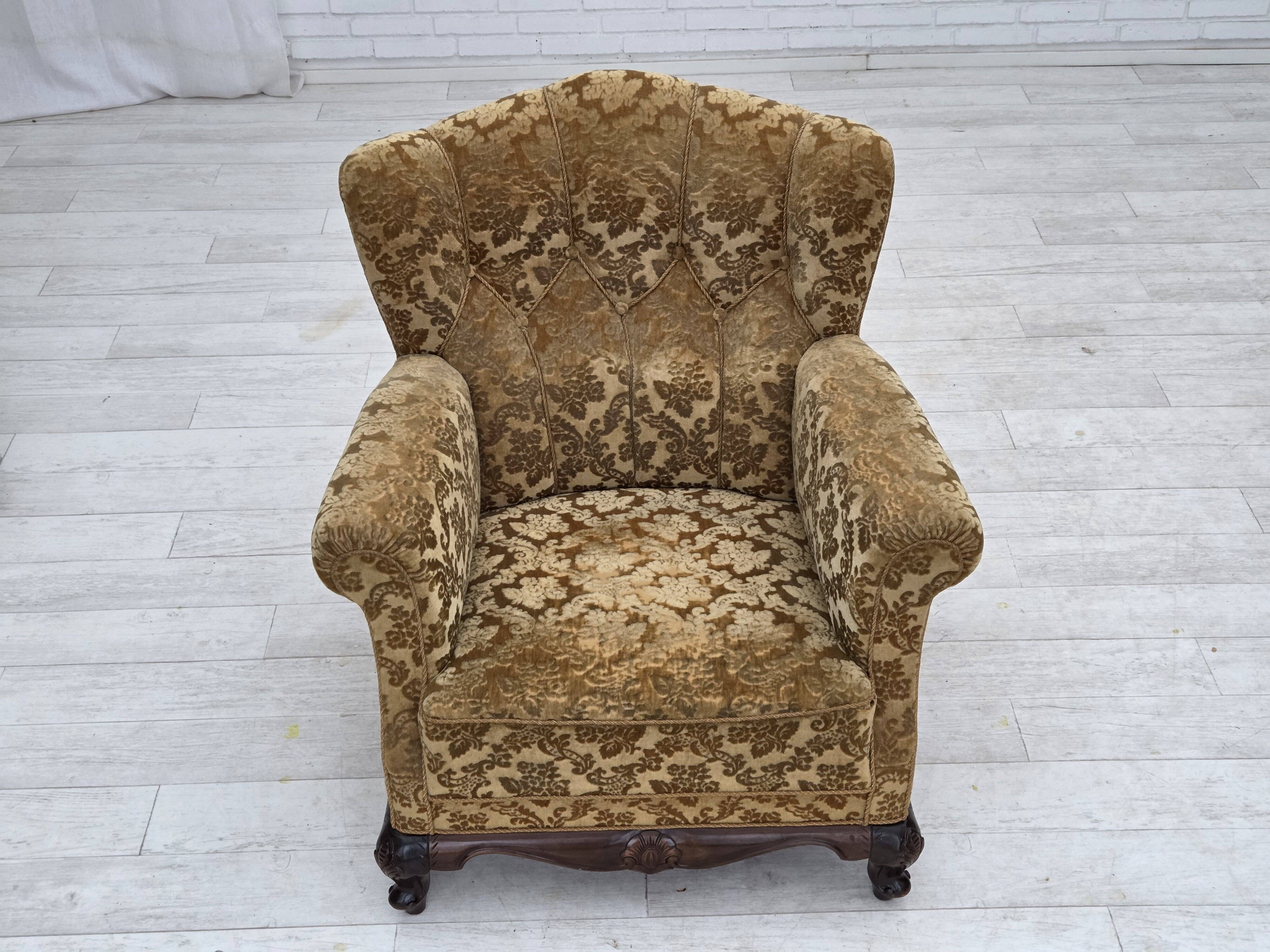 1950s, Danish relax armchair, furniture velour, carved oak wood.