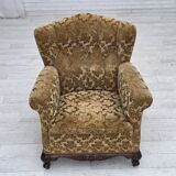 1950s, Danish relax armchair, furniture velour, carved oak wood.