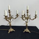 Paire de girandoles, candélabres, bronze, putti, cristal, 4 feux, pampilles, fin XIXème