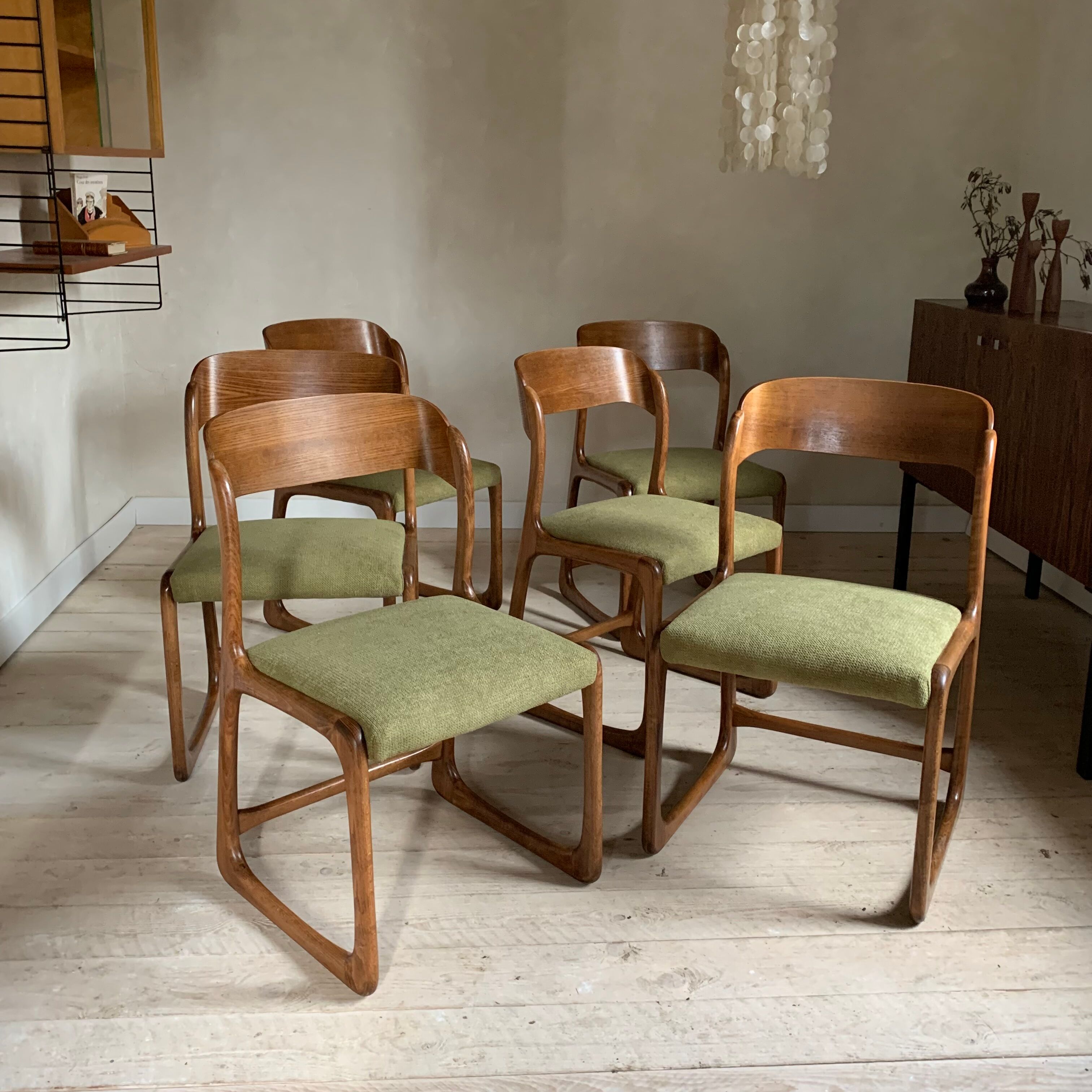 Baumann vintage sled chairs in ash and linden green velvet fabric - set of 4