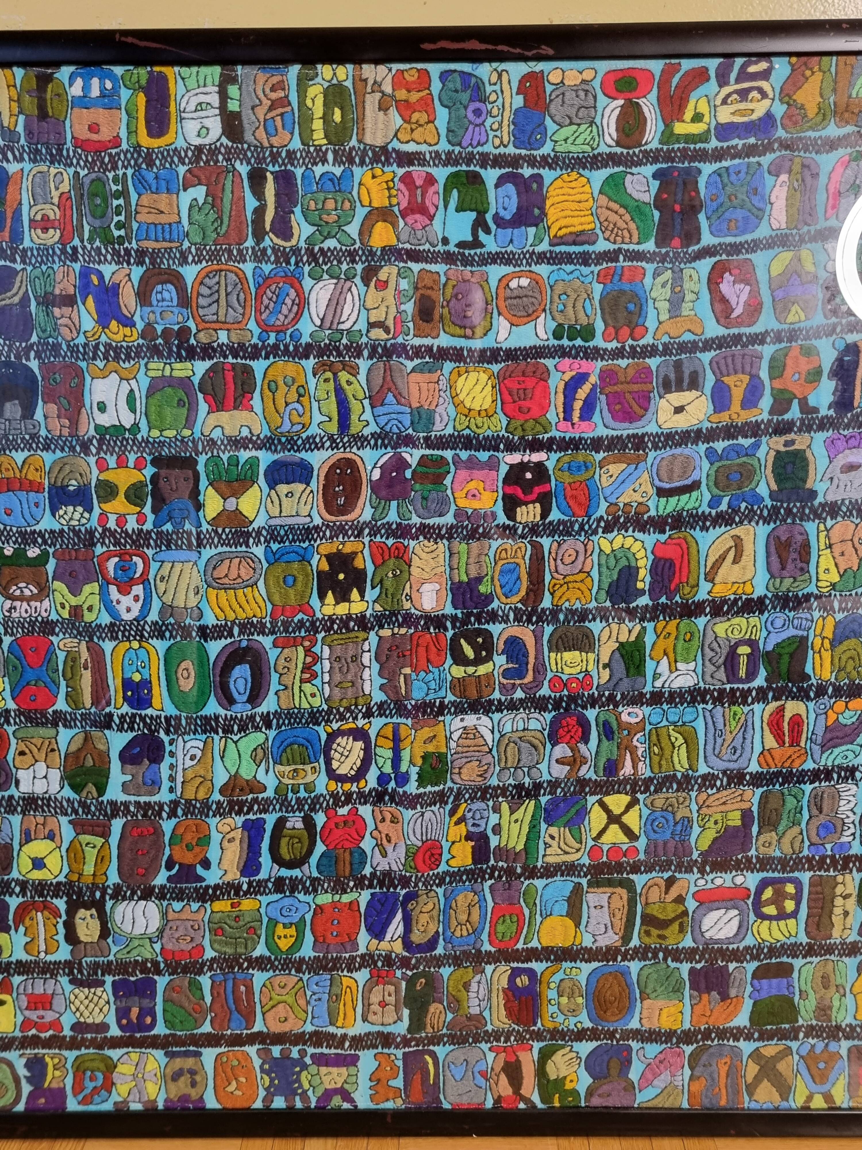 Native American tapestry, embroidered framed, colorful Mayan symbology, 84 cm